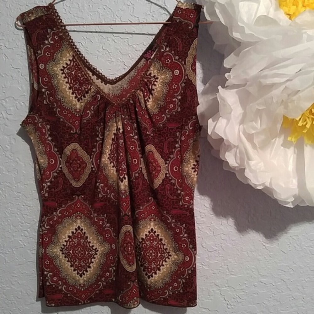 Agenda Brown and Tan Paisley V-Neck Tank Top SZ L